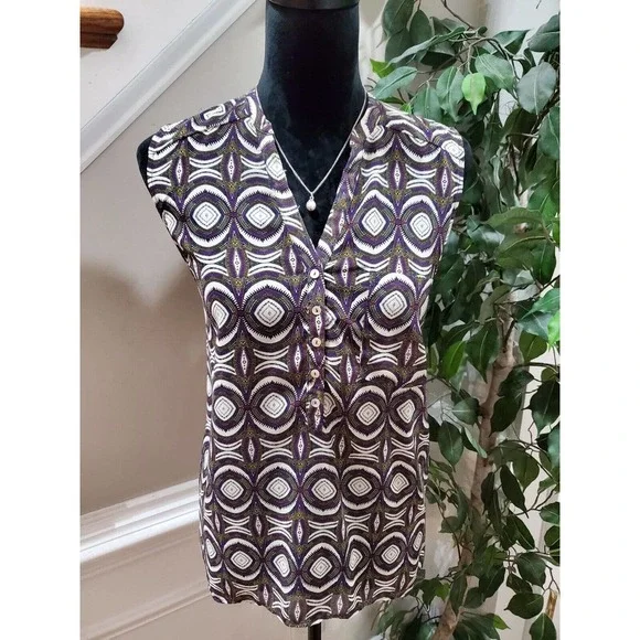 H&M Women's Multicolor 100% Polyester V-Neck Sleeveless Casual Pullover Shirt 10 - Picture 2 of 11